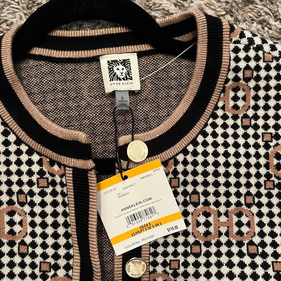 Anne Klein Black, White & Tan Geometric Knit Cardigan with Gold Buttons - Picture 2 of 3